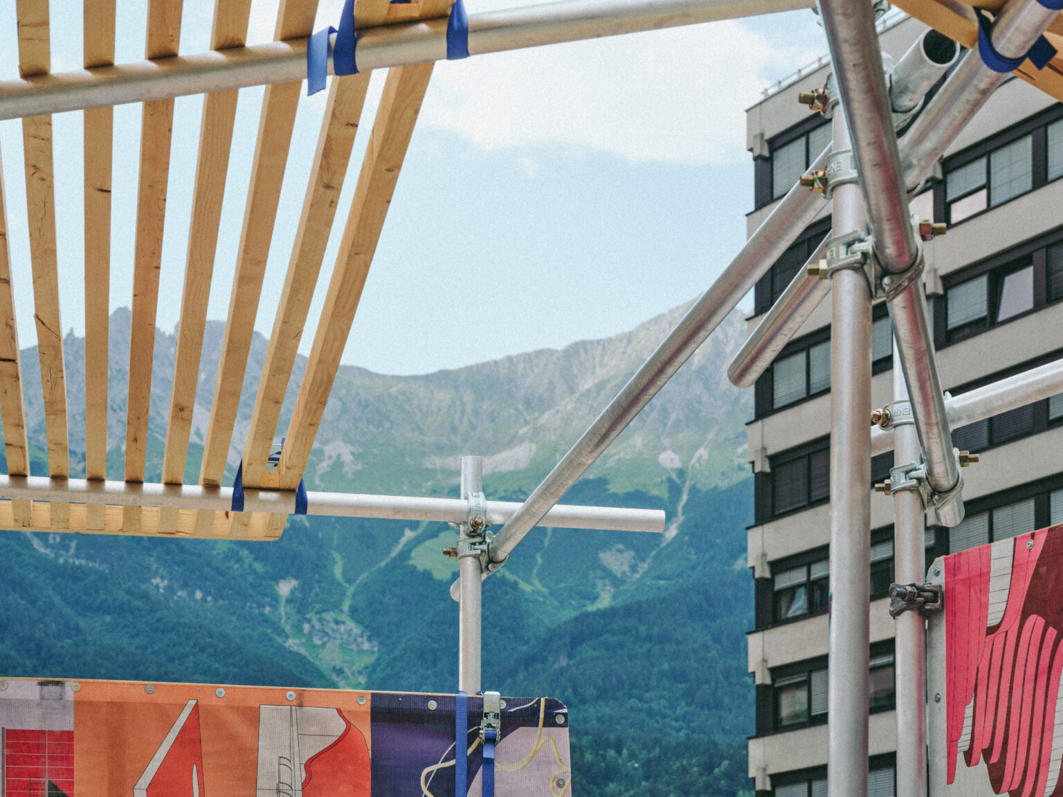 Timber louvres against the mountains